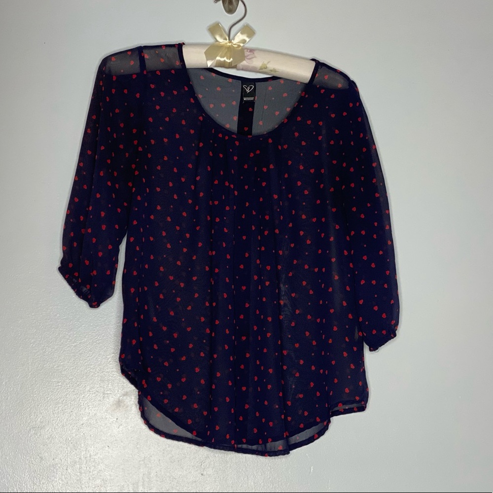 Windsor blue with red hearts blouse.